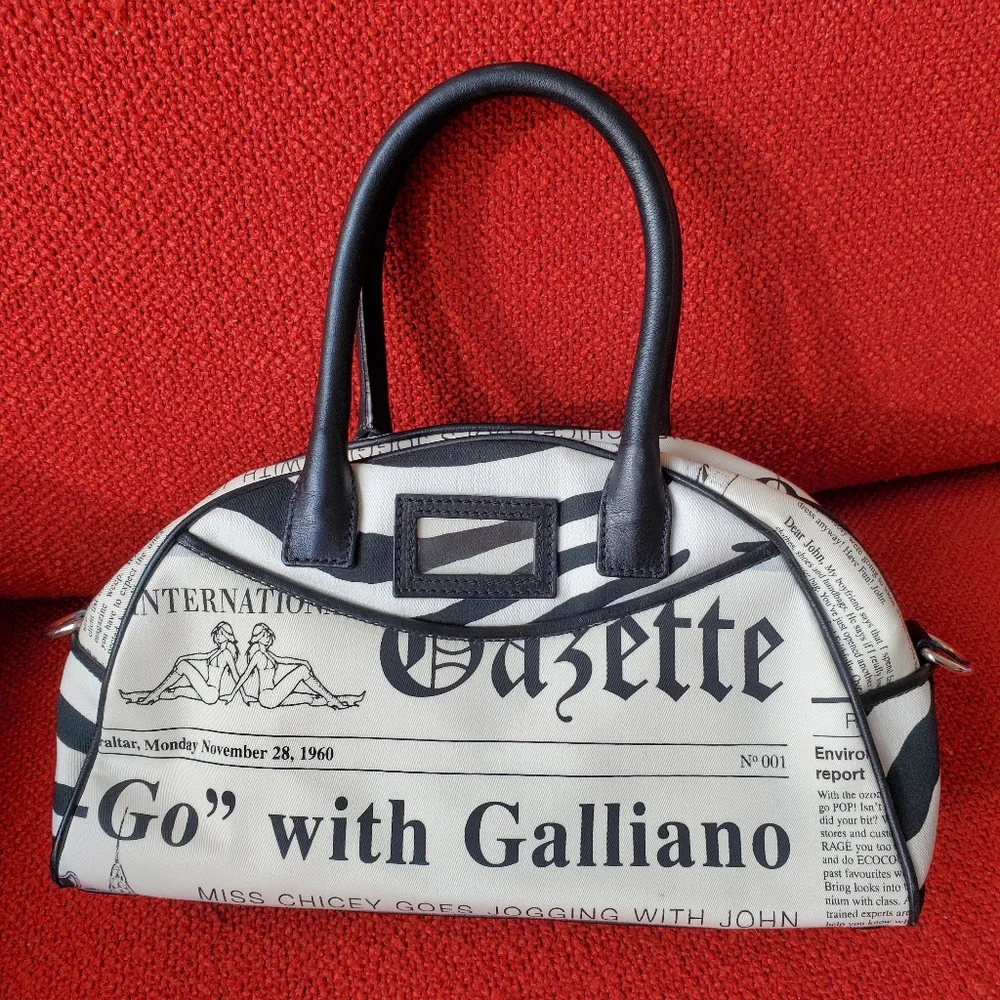 John Galliano Black and White Newspaper-Print Satchel